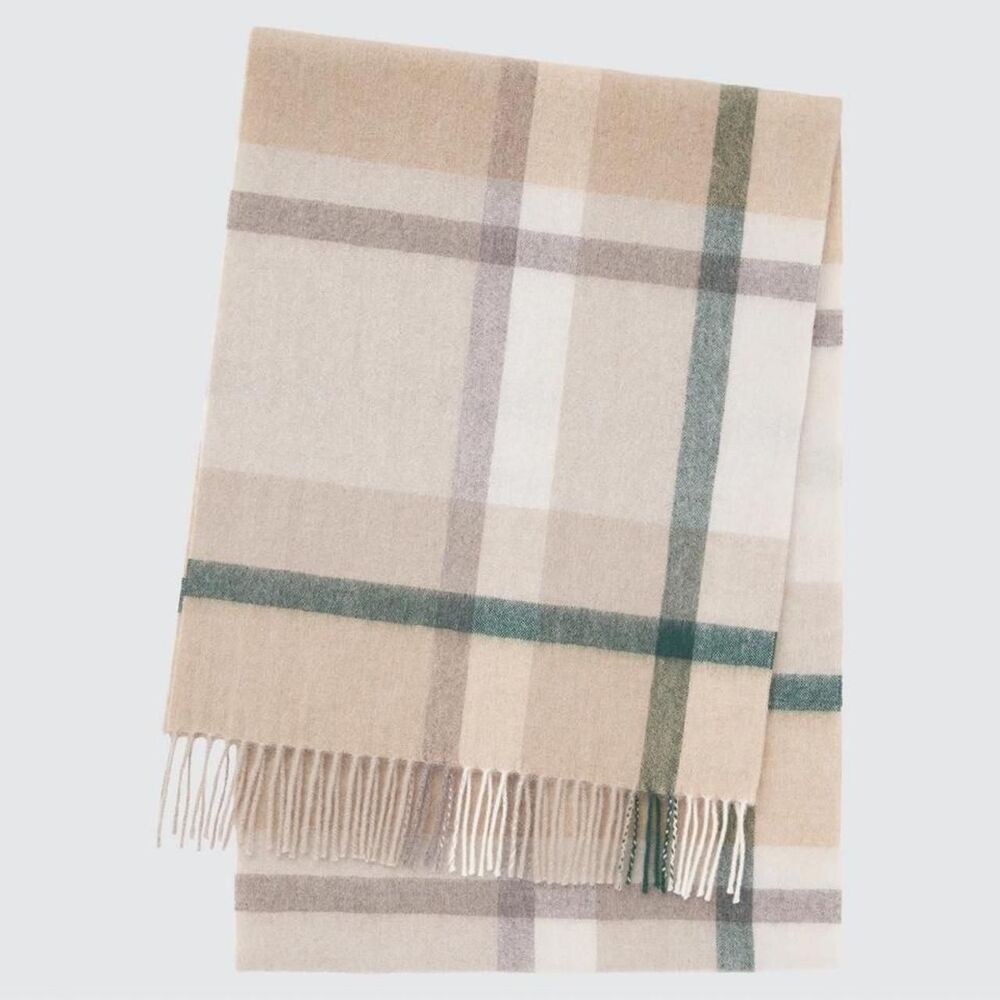 100% CASHMERE Uniqlo cream and green fall winter cashmere scarf  | New w/o tags